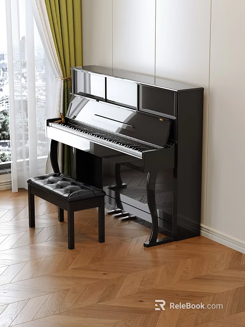 Piano Room With Black Piano And Leather Bench Near Window 3d model 