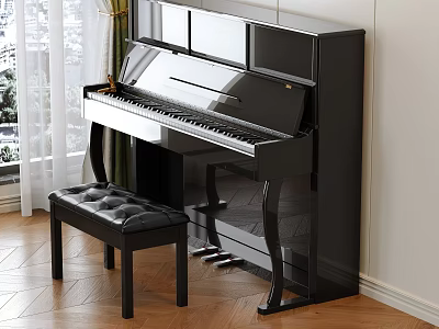 Piano Room With Black Piano And Leather Bench Near Window 3d model