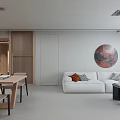 Modern Living Dining Room With White Sofa Round Coffee Table Wooden Accents And Circular Art