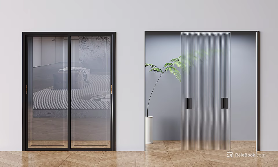 Modern Interior Sliding Doors With Clear Glass Black Frames Ribbed Glass And Plant Decoration 3d model 