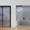 Modern Interior Sliding Doors With Clear Glass Black Frames Ribbed Glass And Plant Decoration