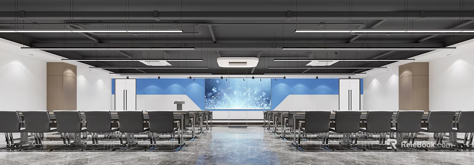 Modern Conference Room Interior With Blue White Wall Large Screen Ceiling Lighting And Tables Chairs 3d model 