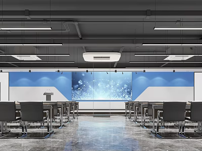 Modern Conference Room Interior With Blue White Wall Large Screen Ceiling Lighting And Tables Chairs 3d model