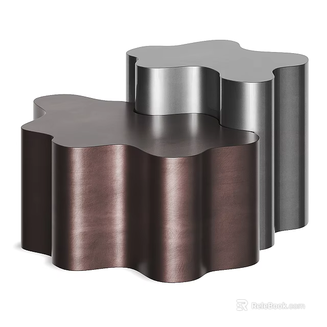 Modern Metallic Coffee Table With Petal Shaped Curved Edge And Two Tone Copper Silver Finish 3d model 