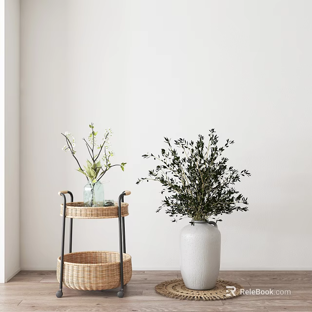 Minimalist Rattan Two Tiered Coffee Table With Green Plants And White Vase 3d model 