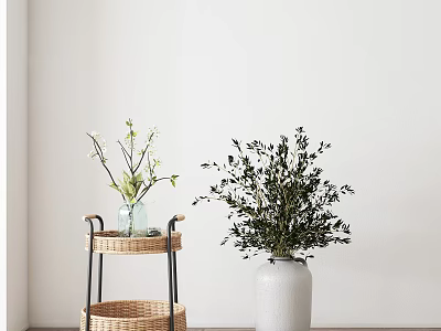 Minimalist Rattan Two Tiered Coffee Table With Green Plants And White Vase 3d model