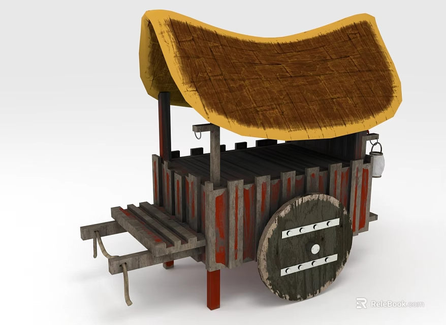 Vintage Traditional Street Food Cart Featuring Thatch Roof Wooden Wheel And Metal Hook 3d model 