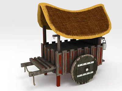 Vintage Traditional Street Food Cart Featuring Thatch Roof Wooden Wheel And Metal Hook 3d model