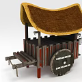 Vintage Traditional Street Food Cart Featuring Thatch Roof Wooden Wheel And Metal Hook
