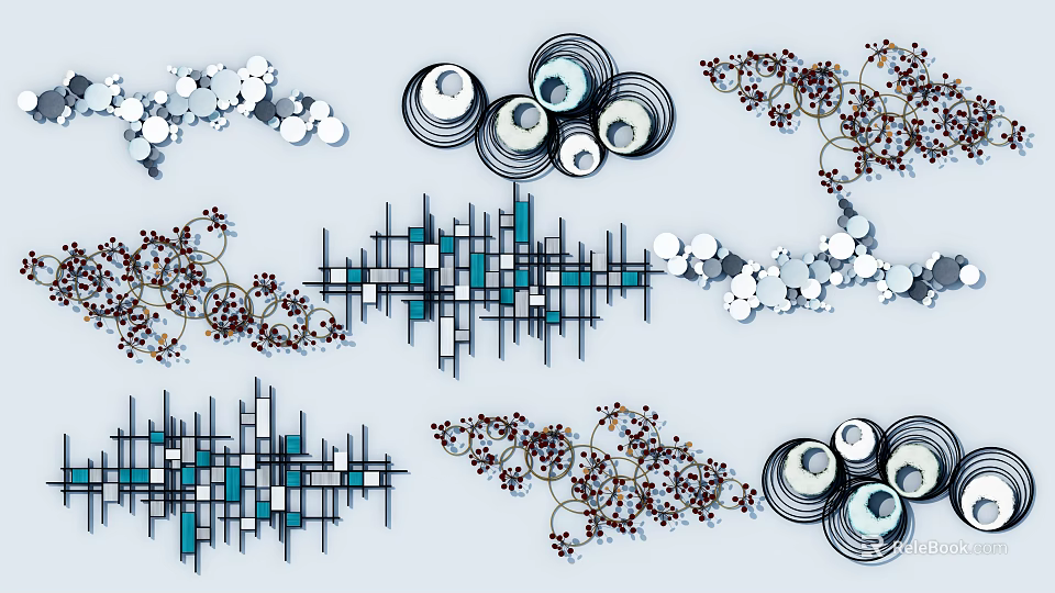 Modern Wall Decor With Blue Geometric Lines White Circles And Brown Decorative Elements 3d model