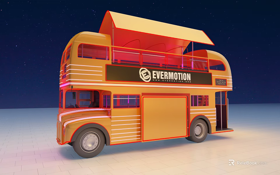 Yellow Red Double Decker Bus With EVERMOTION Logo Awning And Neon Lights In Starry Sky 3d model 