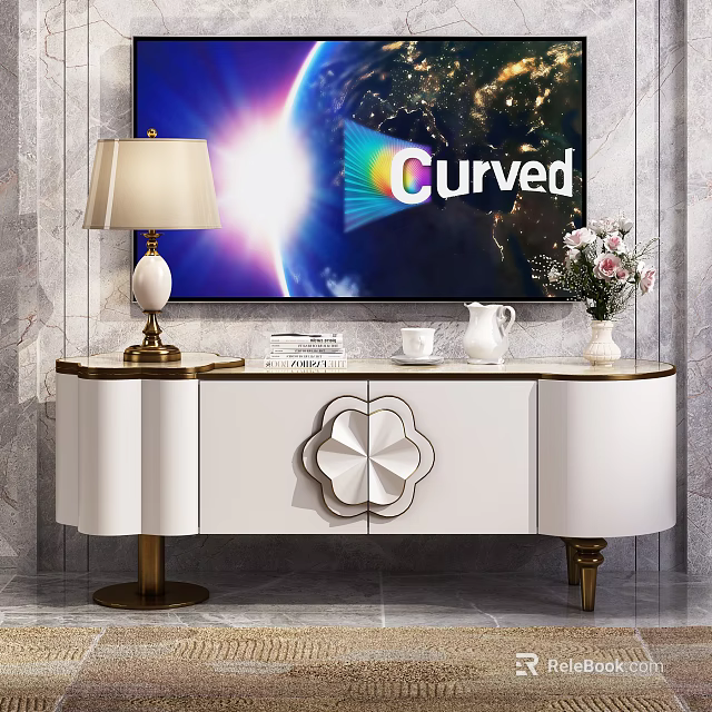 Elegant White TV Stand with Gold Accents Floral Design Lamp Books Vase and Curved TV 3d model 