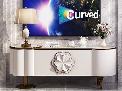 Elegant White TV Stand with Gold Accents Floral Design Lamp Books Vase and Curved TV 3d model