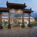 Chinese Style Building Entrance With Light Strip Decoration Stone Pavement And Green Plants