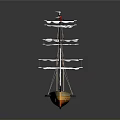 Model Sailing Ship with Multiple Masts White Sails and Colored Flags Orange Yellow Hull Design