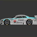 Silver and Light Blue Racing Car with Aerodynamic Design Rear Wing and Sponsor Logos