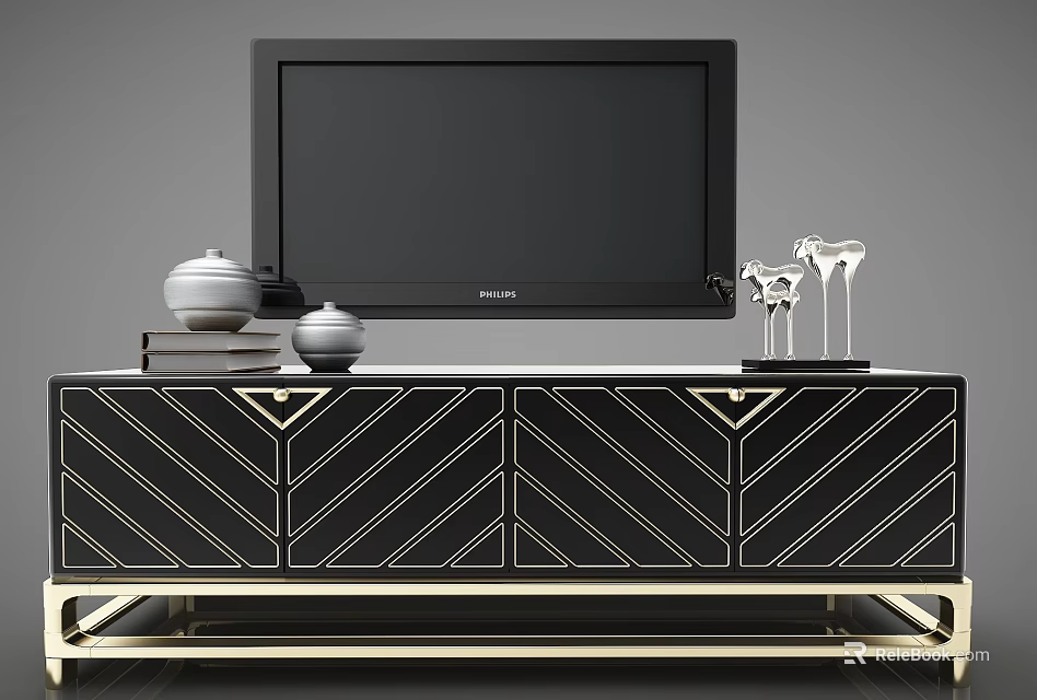 Stylish Black And Gold TV Cabinet With Geometric Doors Holding TV Teapots Books Wine Glasses 3d model 