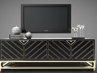 Stylish Black And Gold TV Cabinet With Geometric Doors Holding TV Teapots Books Wine Glasses 3d model