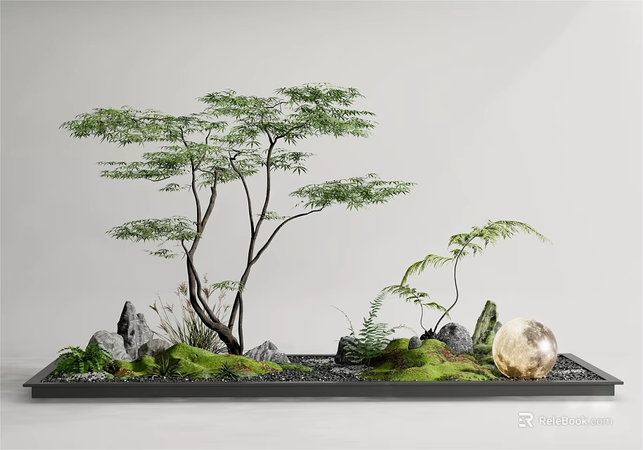 Tranquil Natural Indoor Landscape With Leafy Tree Rocks Green Moss And Round Decorative Ball 3d model 