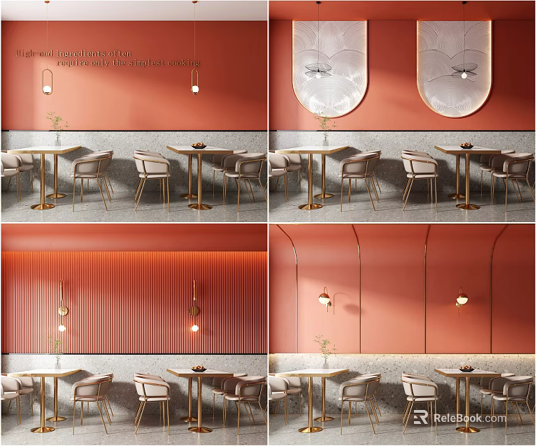 Modern Dining Table Set With Metal Frame Chairs And Pendant Lights On Coral Wall 3d model 