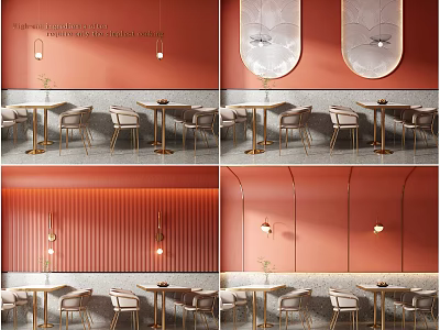 Modern Dining Table Set With Metal Frame Chairs And Pendant Lights On Coral Wall 3d model