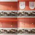 Modern Dining Table Set With Metal Frame Chairs And Pendant Lights On Coral Wall