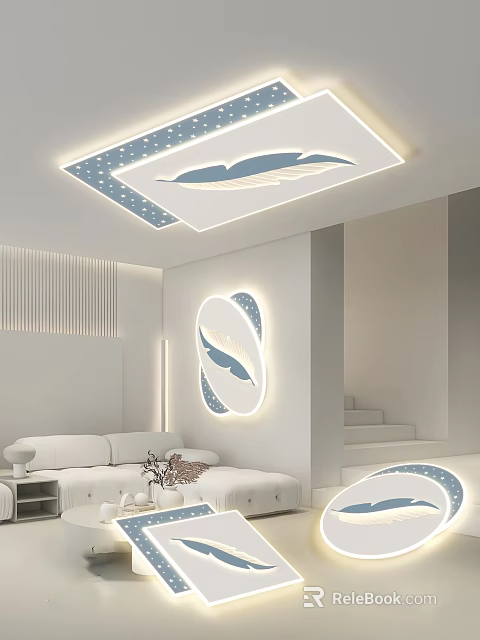 Modern White Ceiling Light with Blue Leaf Design and Dotted Pattern for Living Room Decoration 3d model 