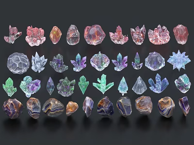 Various Colored Stones and Wood Display with Crystals Agate and Different Shapes 3d model