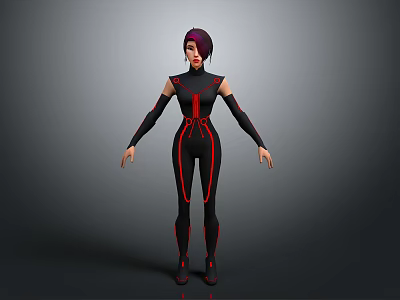Stylish 3D Model Female Character With Purple Hair Black Bodysuit And Red Lines 3d model