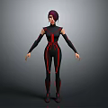 Stylish 3D Model Female Character With Purple Hair Black Bodysuit And Red Lines