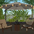 Outdoor Wicker Table and Chairs Set With String Light Umbrella and Green Plants