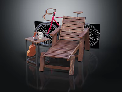 Wooden Recliner Chair With Small Side Table And Red Bicycle For Outdoor Relaxation Area 3d model