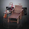 Wooden Recliner Chair With Small Side Table And Red Bicycle For Outdoor Relaxation Area