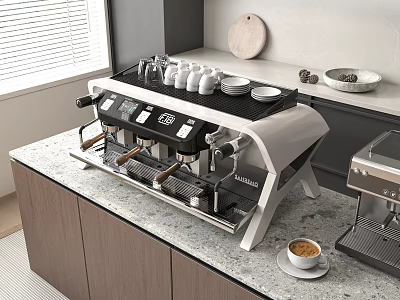 Modern Daily Appliance Espresso Machine On Kitchen Countertop With White Cups Wooden Board And Bowls 3d model