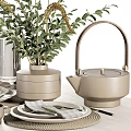 Neutral Tones Dinnerware Set With Teapot Glassware Greenery And Macarons