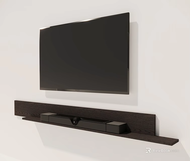 Wall Mounted Black Television With Wooden TV Stand And Soundbar Speakers 3d model 