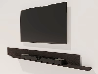 Wall Mounted Black Television With Wooden TV Stand And Soundbar Speakers 3d model