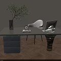 Modern Desk With Vase Green Plant Clock Book Laptop And White Chair On Wooden Floor