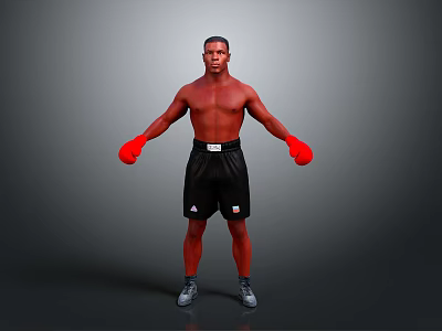 Shirtless Male Boxer Posing In Red Gloves And Black Shorts On Gray Background 3d model