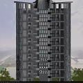 Modern Office Building With Perforated Facade Design And Lush Greenery Surrounding Parking Area
