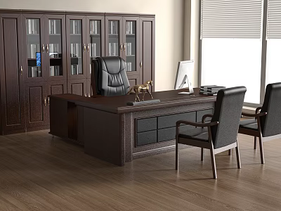 Dark Wooden Office Desk with Black Chairs Glass Door Bookcase and Window Blinds 3d model