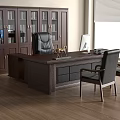 Dark Wooden Office Desk with Black Chairs Glass Door Bookcase and Window Blinds