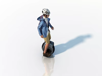 Man Riding Hoverboard in Blue Jacket Khaki Shorts and Helmet on White Floor with Shadow 3d model