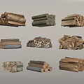 Various Stacked Stone and Wood Logs Piles in Different Sizes and Shapes