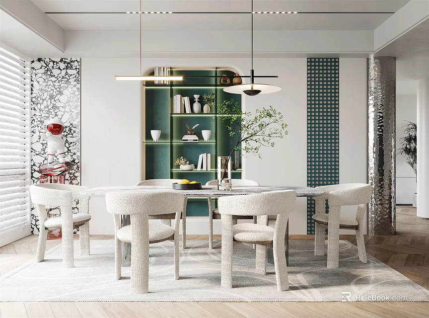 Modern Restaurant Interior With White Dining Chairs Table Green Shelves And Pendant Lights 3d model 