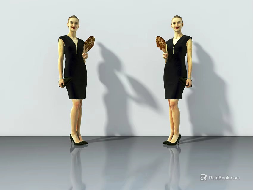 Woman in Black Dress with High Heels Holding Fan Against White Wall on Gray Floor 3d model 