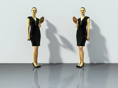 Woman in Black Dress with High Heels Holding Fan Against White Wall on Gray Floor 3d model