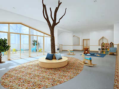 Kindergarten Interior With Large Tree Round Seating Blue Cushions Colorful Carpet And Rocking Horse 3d model