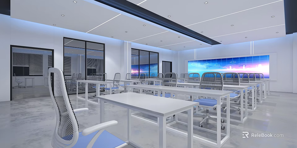 Bright Modern School Learning Space With White Tables Blue Chairs Large Windows And Screen 3d model 