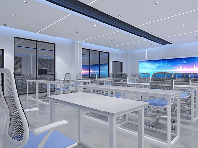 Bright Modern School Learning Space With White Tables Blue Chairs Large Windows And Screen 3d model